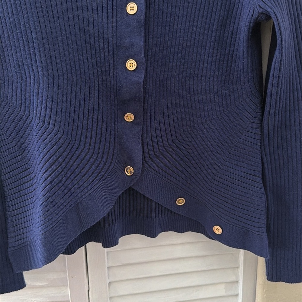 Nancy Yang Navy Ribbed Button-Up Cardigan - Picture 7 of 11